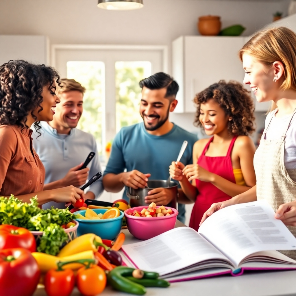 A joyful family cooking a healthy meal together in a bright kitchen, surrounded by colorful fruits and vegetables. The image should burst with vibrant colors and natural light, showcasing teamwork and fun in creating healthy habits. Props include cooking utensils and an open recipe book.