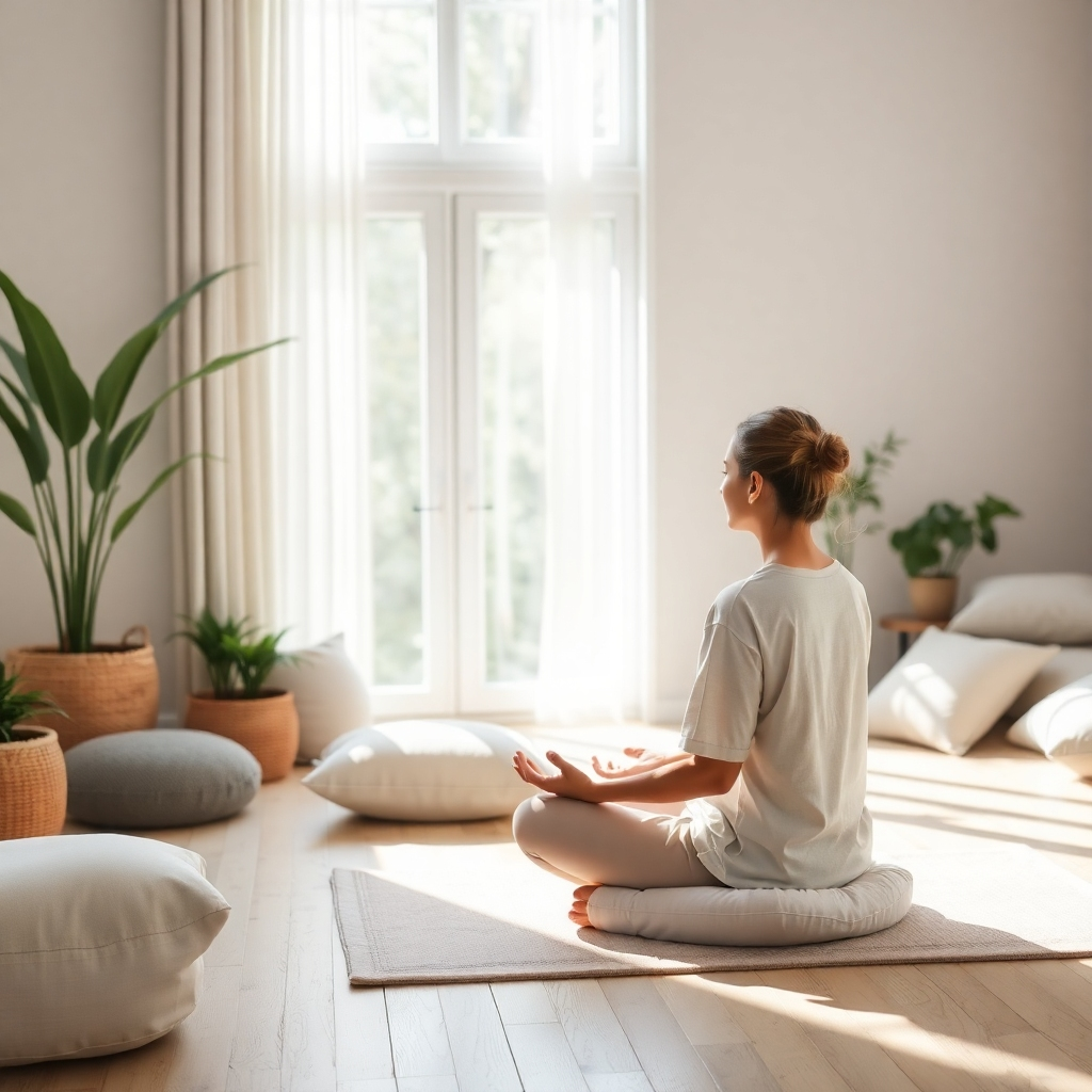 A peaceful setting with a person engaging in a guided meditation session, seated comfortably in a tranquil room adorned with soft cushions and plants. Natural light streams through the window, enhancing the calming ambiance. The color palette features shades of white and green, emphasizing serenity and focus. This high-quality image underscores the importance of mindfulness.