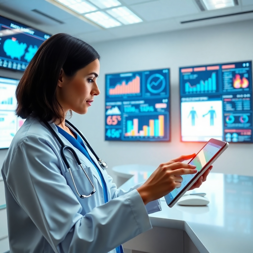 A photorealistic depiction of a medical professional analyzing data on a tablet, surrounded by charts and graphics illustrating the effects of stress on the body. The lighting should be bright, symbolizing clarity and understanding, with a color palette of blues and whites. The environment is a modern clinic, showcasing technology and professionalism, with a focus on the digital screens detailing stress-related statistics.