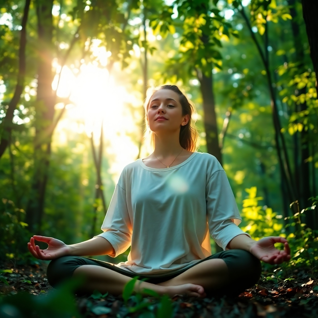 A photorealistic header image depicting a serene person meditating in a sunlit forest, surrounded by lush greenery and soft rays of sunlight filtering through the leaves. The composition should capture the tranquility of the scene, emphasizing the connection between nature and well-being. The color palette includes soft greens, warm yellows, and calming blues. The camera angle should focus on the person's peaceful expression, showcasing the texture of their clothing and the details of the forest environment. This hyperrealistic image is designed to resonate with the themes of stress reduction and life coaching, with technical specs including 8K resolution.