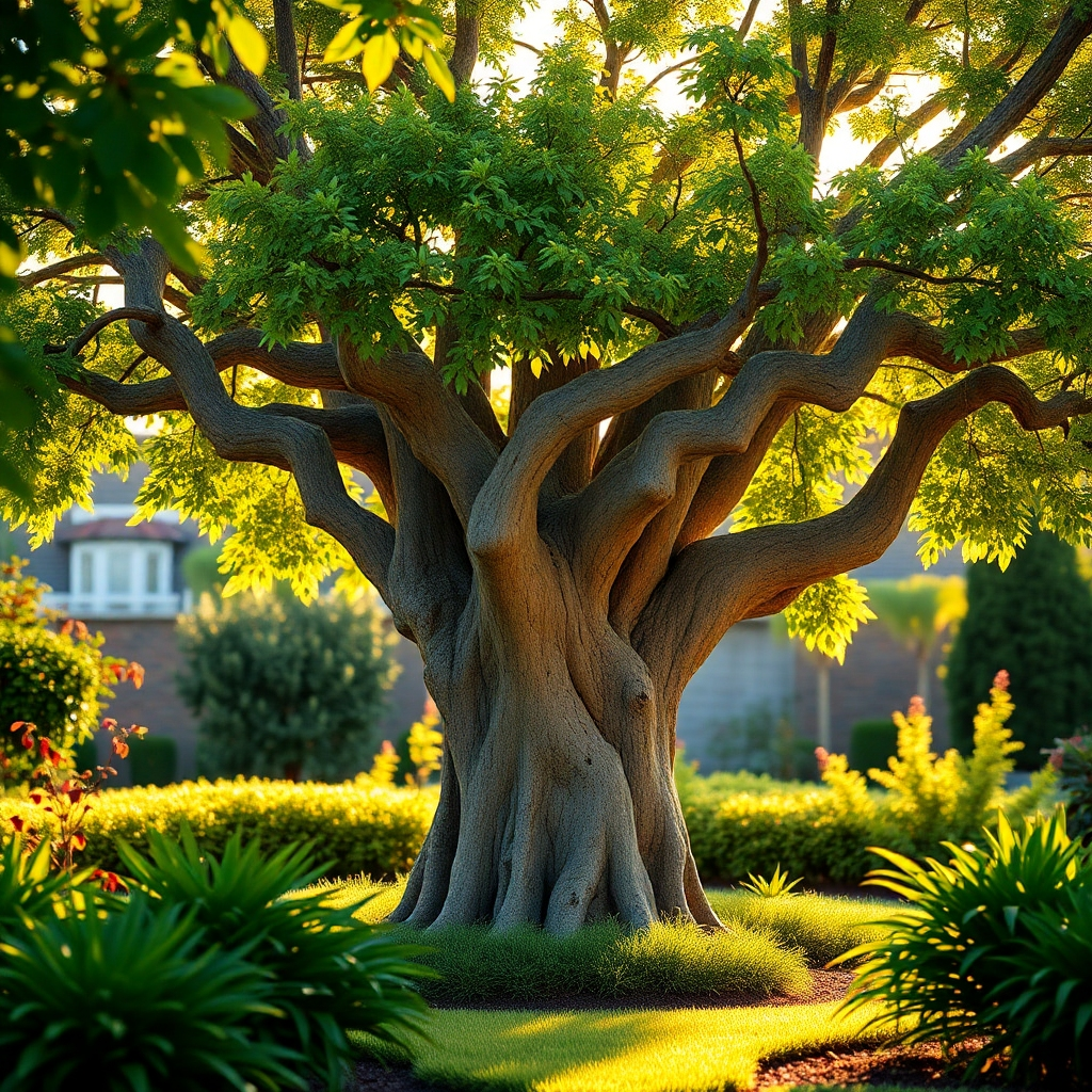A photorealistic image of an aging tree that symbolizes resilience against stress factors, surrounded by a beautifully maintained garden. The lighting should be soft, with golden hour sunlight illuminating the scene. The color palette features earthy tones and vibrant greens, creating a harmonious environment that reflects both the beauty of health and the challenges of stress.