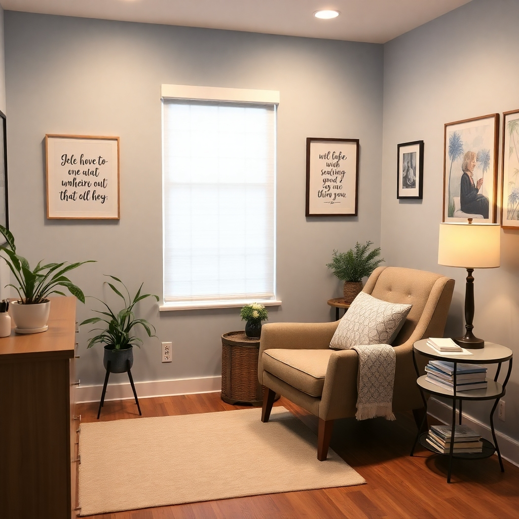 A professional therapist's office, featuring a comfortable setting with welcoming decor. The lighting should be soft and inviting, with a calming color scheme of blues and creams. Relevant props include a cozy therapist's chair, inspirational quotes on the walls, and soothing artwork to convey a sense of safety and comfort.