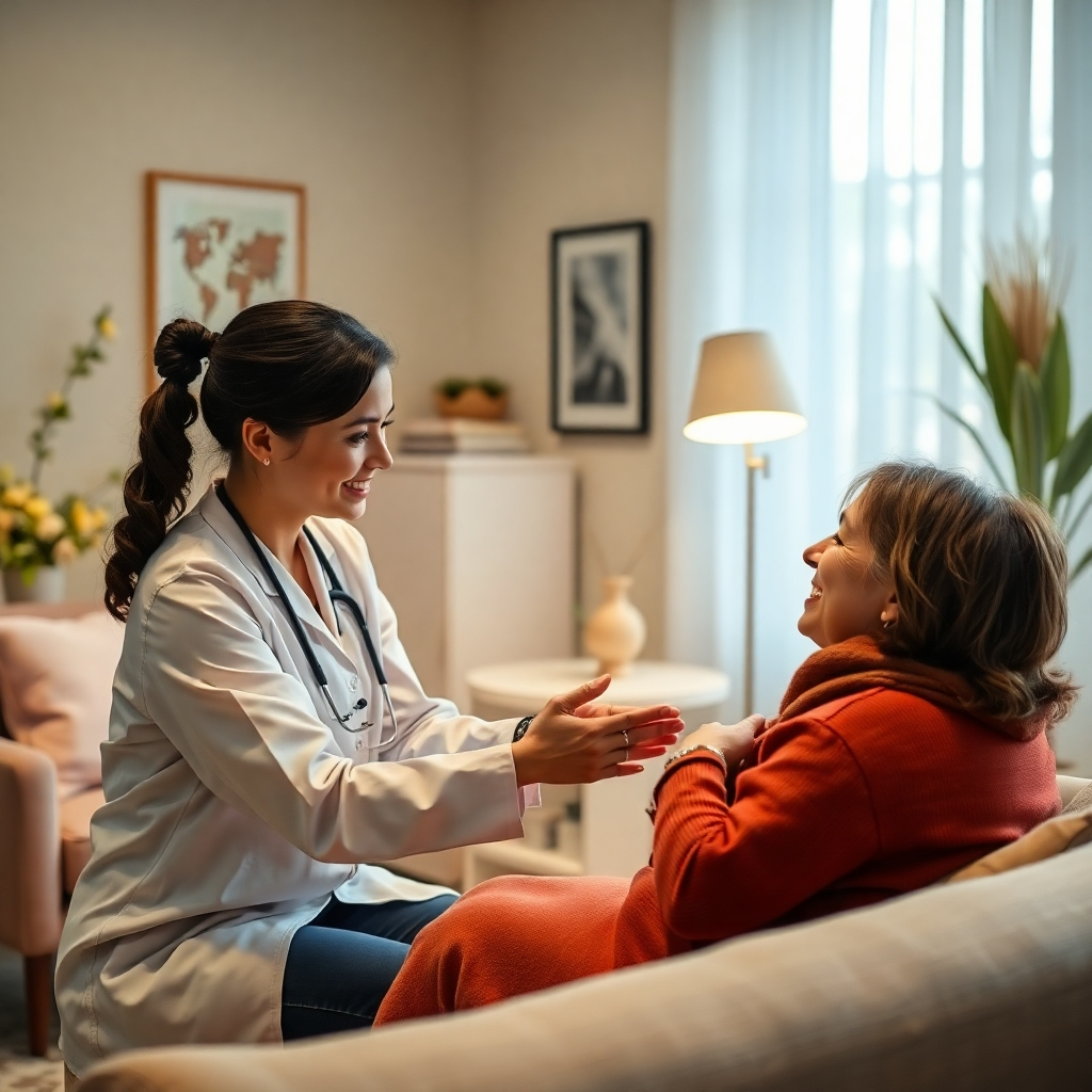 A serene image depicting a healthcare professional engaging with a patient in a compassionate manner. The warm colors in the practitioner's office create an atmosphere of trust and healing. This environment includes soft furnishings and calming decor, emphasizing the significance of connection in health and wellness.