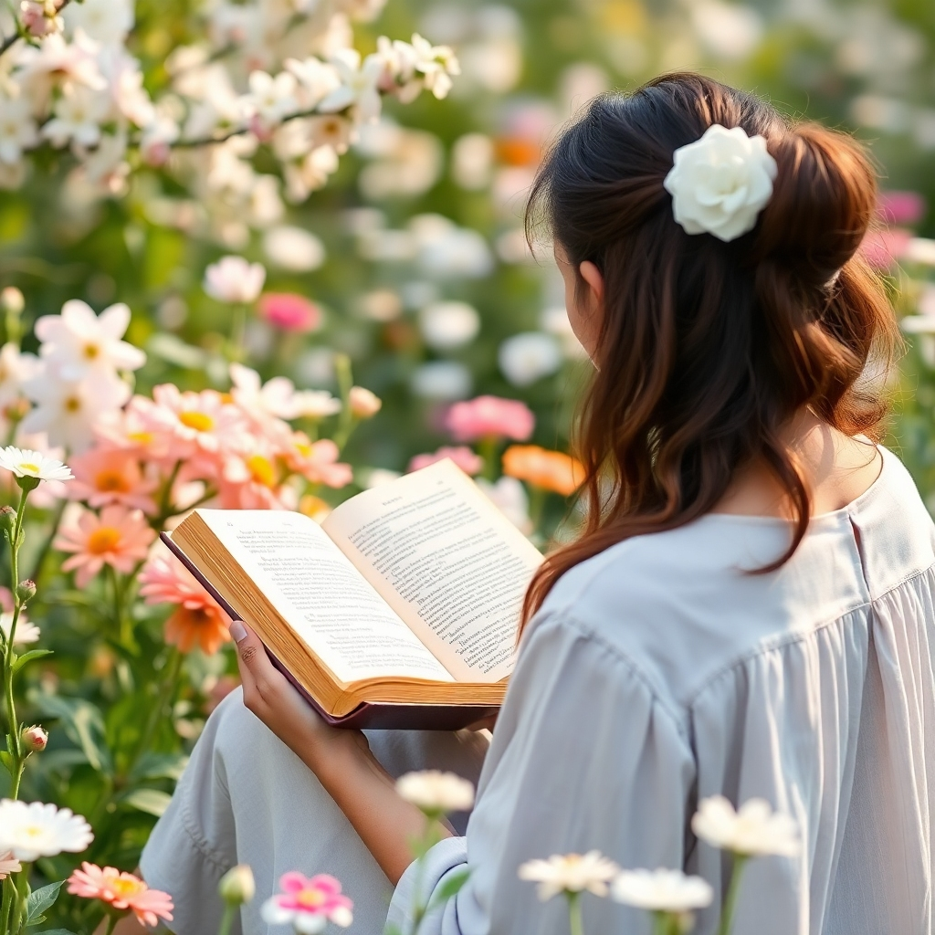 A serene image of a person reading a book in a peaceful garden, surrounded by blooming flowers. The soft natural colors create a calming effect, while the open book symbolizes knowledge and growth. This immersive environment represents the importance of learning in wellness journeys.