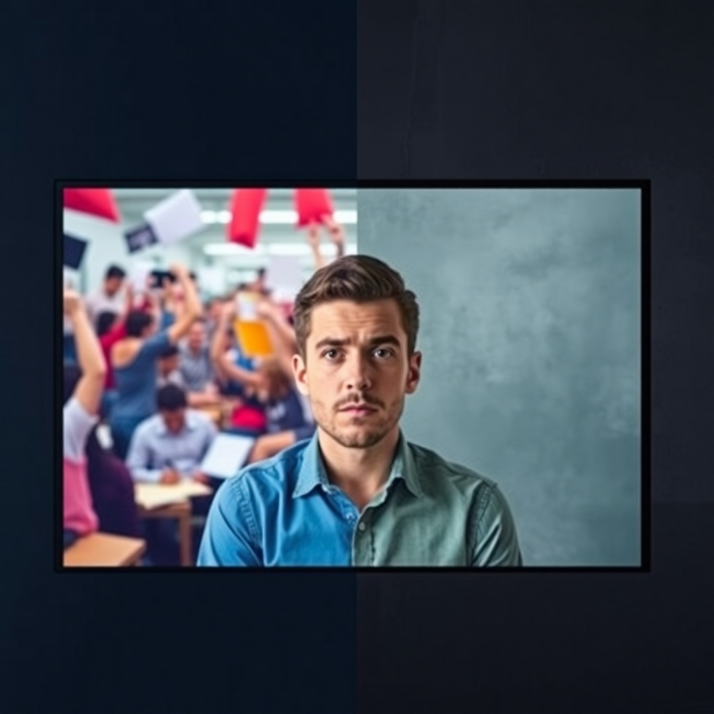 A stylish image of a split-screen showing the contrast between a stressed individual in a chaotic environment and the same person in a calm setting. Bright vs. muted colors reflect the emotional spectrum of stress management. This conceptual image aims to visualize the importance of understanding stress in our lives.