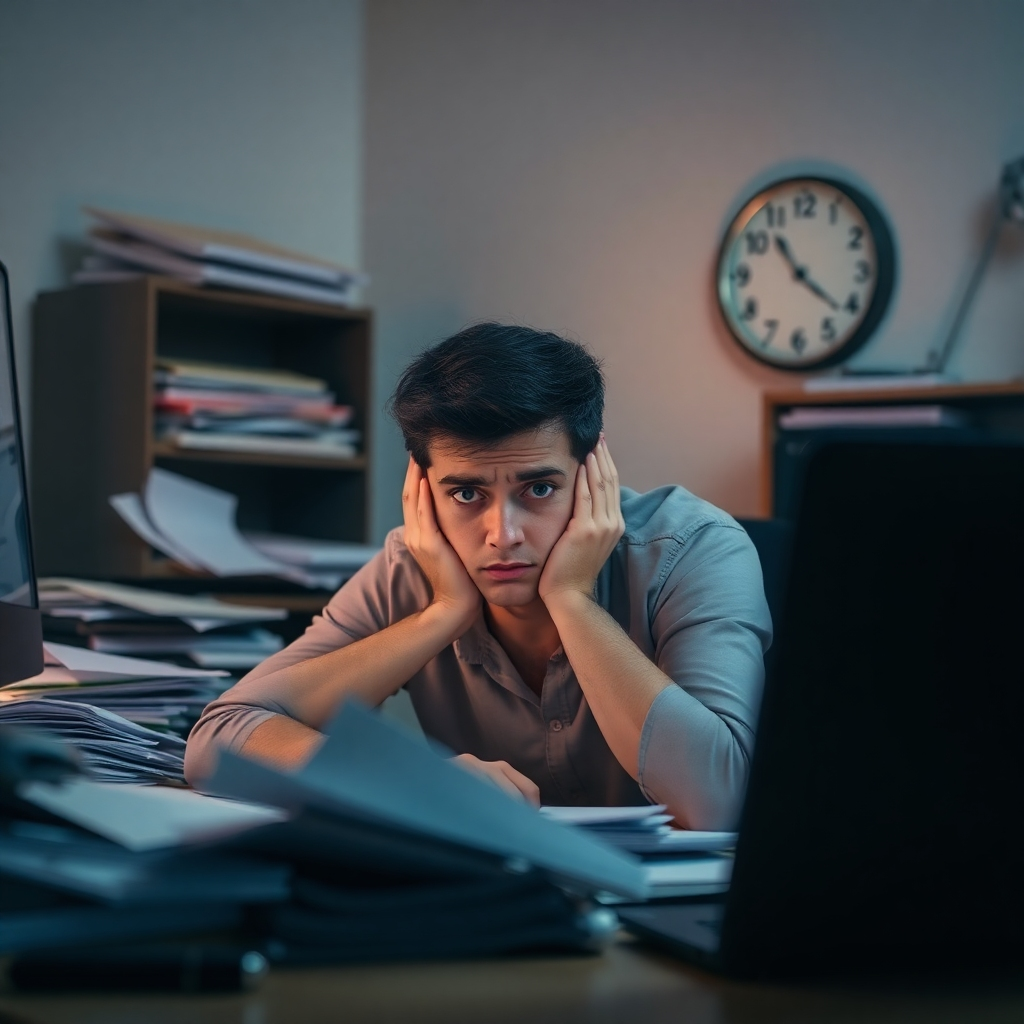 A stylized image showing a person appearing overwhelmed at their work desk, cluttered with papers. Soft lighting creates a moody atmosphere, with cooler colors highlighting the feeling of stress. The camera angle focuses on the person's expression of worry, with relevant props like a clock ticking in the background, emphasizing the pressure of time.