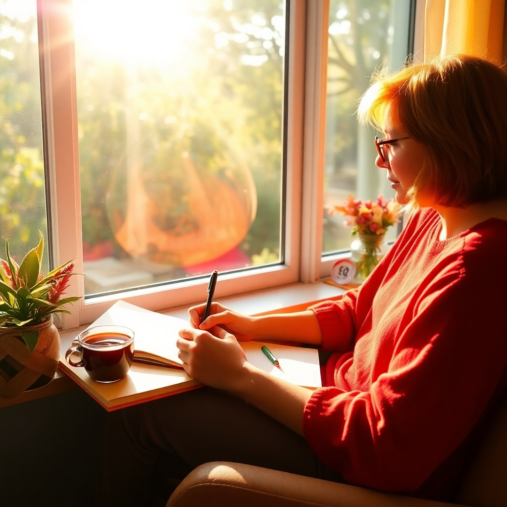 A vibrant image of a person journaling by a window with a view of nature, capturing the essence of self-reflection for stress reduction. Soft sunlight enhances the warmth of the setting, with rich, uplifting colors surrounding the person. Notebooks, pens, and a cup of tea complete this peaceful scene.
