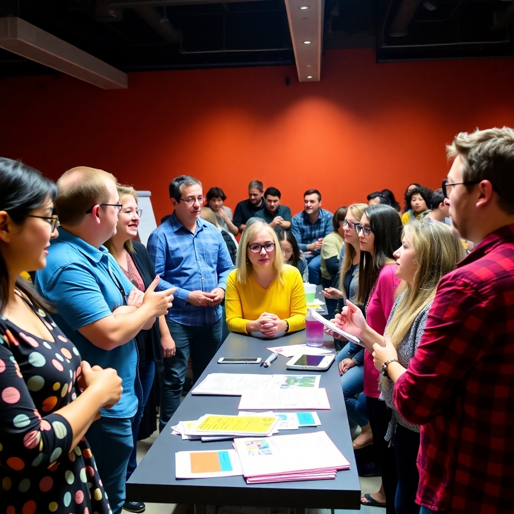 A vibrant image of a workshop in progress, showcasing participants gathered in an engaging atmosphere, with visuals aids and handouts visible. The bright lighting and energetic expressions of attendees promote a sense of community and shared learning.