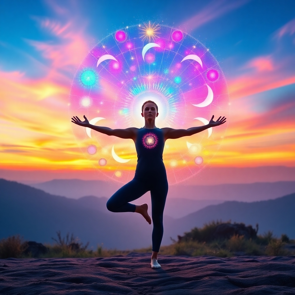 A visually stunning representation of a person in a yoga pose, with colorful energy orbs surrounding them illustrating the mind-body connection. The setting is a peaceful landscape at dawn, created with vivid colors and textures, evoking feelings of balance and harmony. This visually captivating image emphasizes holistic health.