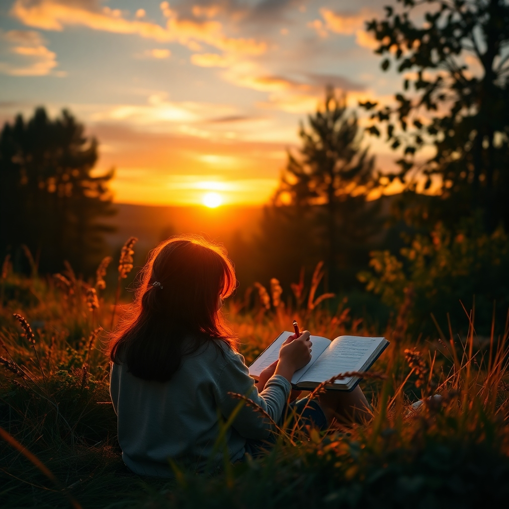 An artful image showcasing a person journaling their thoughts in a tranquil setting, surrounded by nature. The warm colors of sunset create a serene atmosphere, emphasizing the significance of emotional expression and mental health. This captivating image serves as a reminder of the holistic approach to well-being.