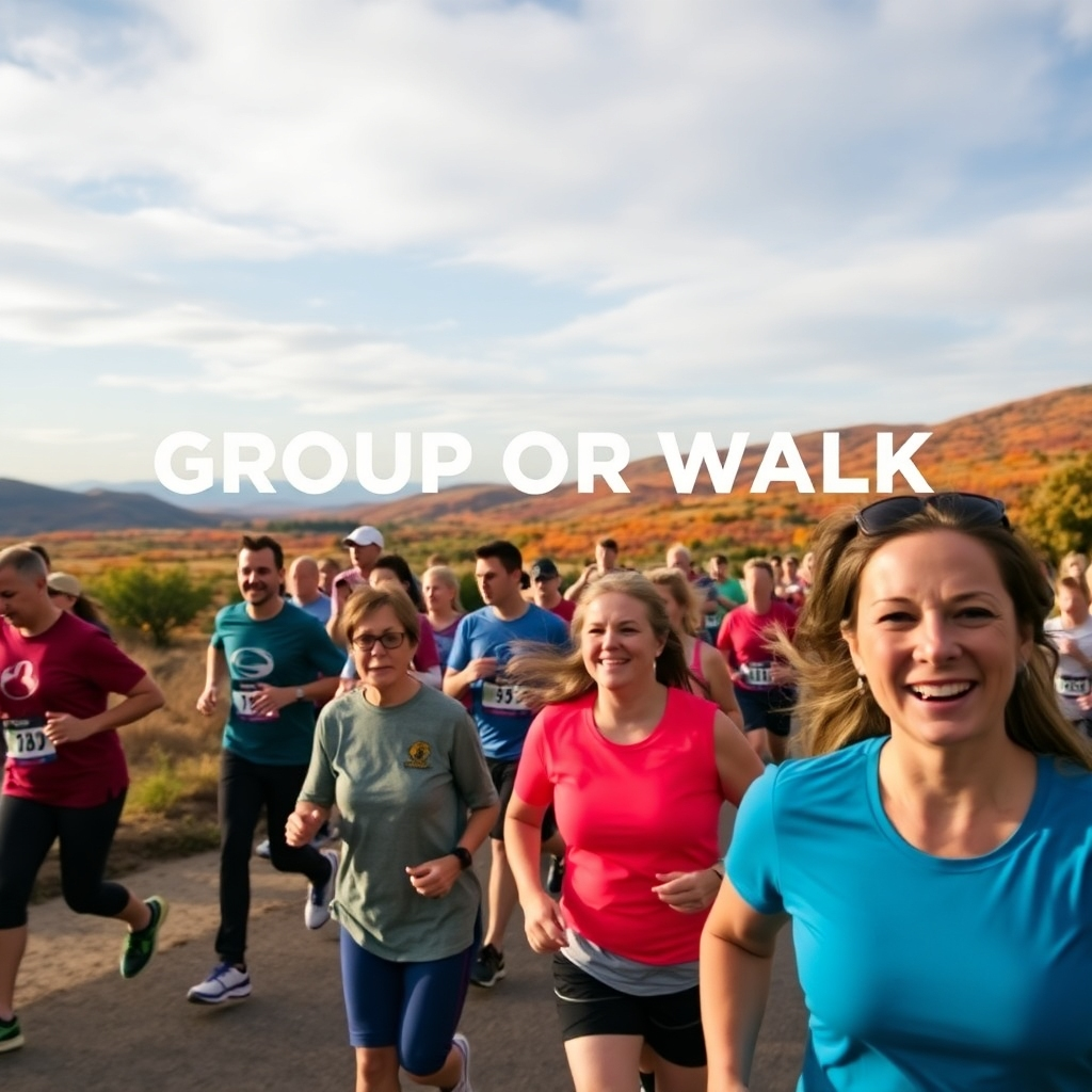 An inspiring outdoor scene of individuals participating in a community run or walk, emphasizing the power of group exercise. The image captures the energy and camaraderie among participants, with bright clothing and rich landscapes in the background, showcasing health and vitality.