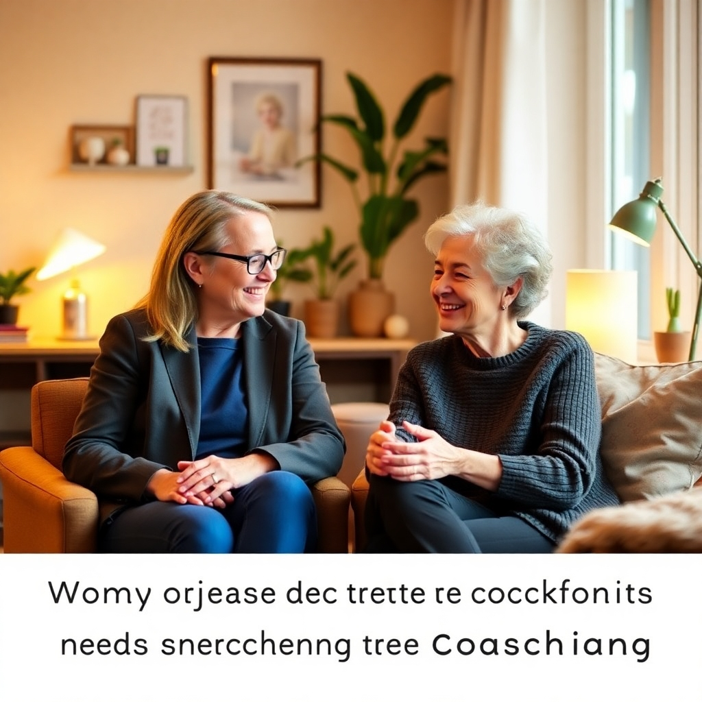 An inviting image featuring a coach and a client engaged in a productive session, with warm lighting enhancing the comforting atmosphere. The setting is a cozy office space with personal touches, symbolizing support and trust in the coaching relationship.