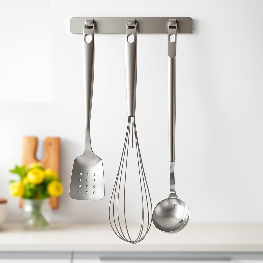 Set of stainless steel kitchen utensils