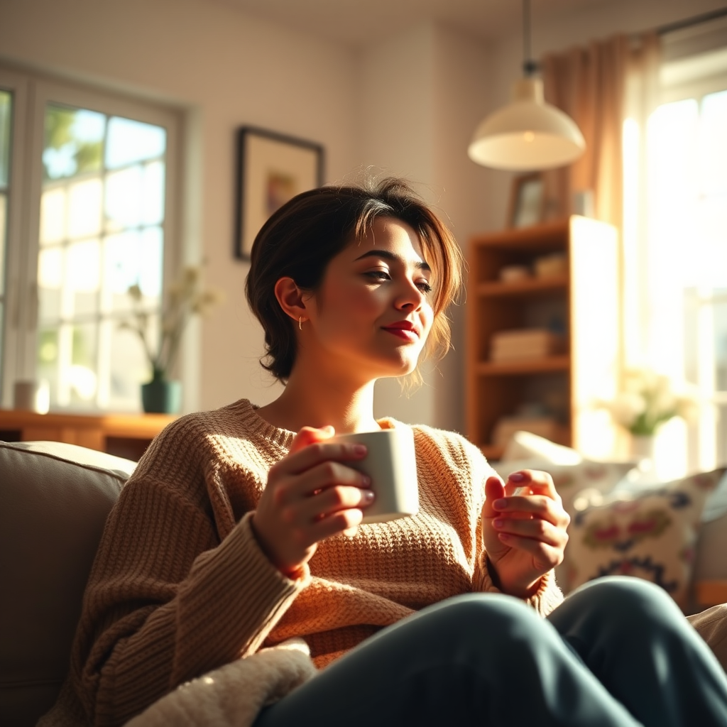 Person enjoying coffee in a cozy home