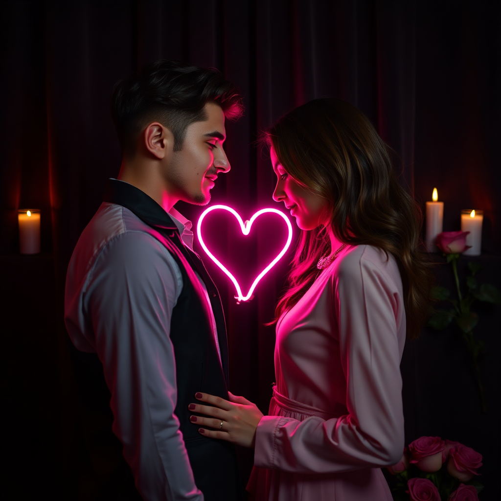 Romantic couple in proximity with neon heart