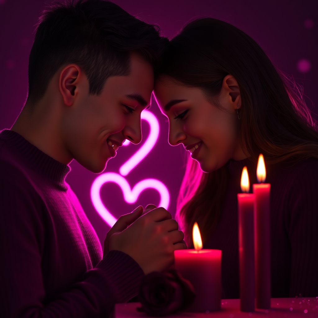 Pareja con corazón neón y velas