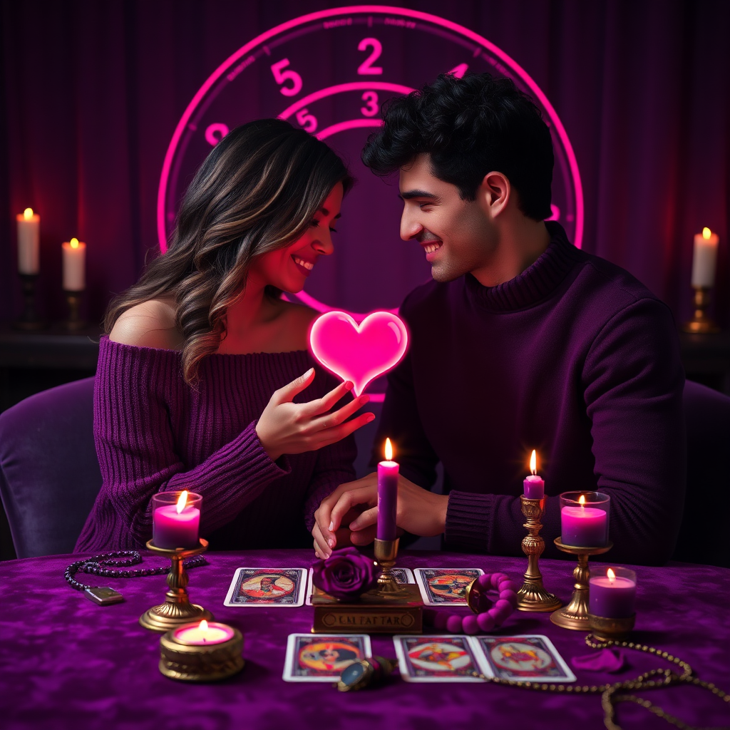 Pareja con cartas del tarot y corazón brillante