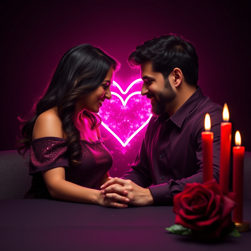 Pareja romántica iluminada por corazón neón