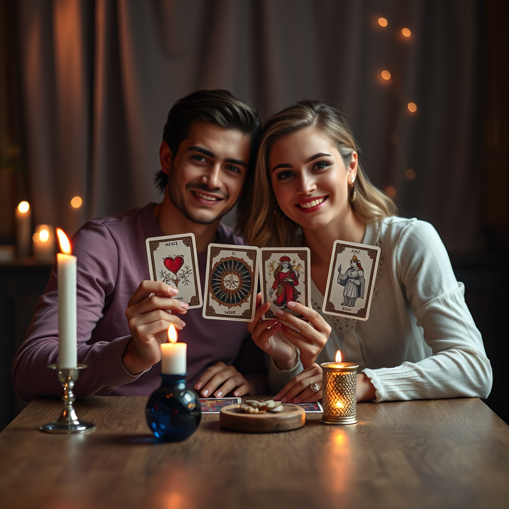 Pareja con cartas de tarot en un ambiente romántico