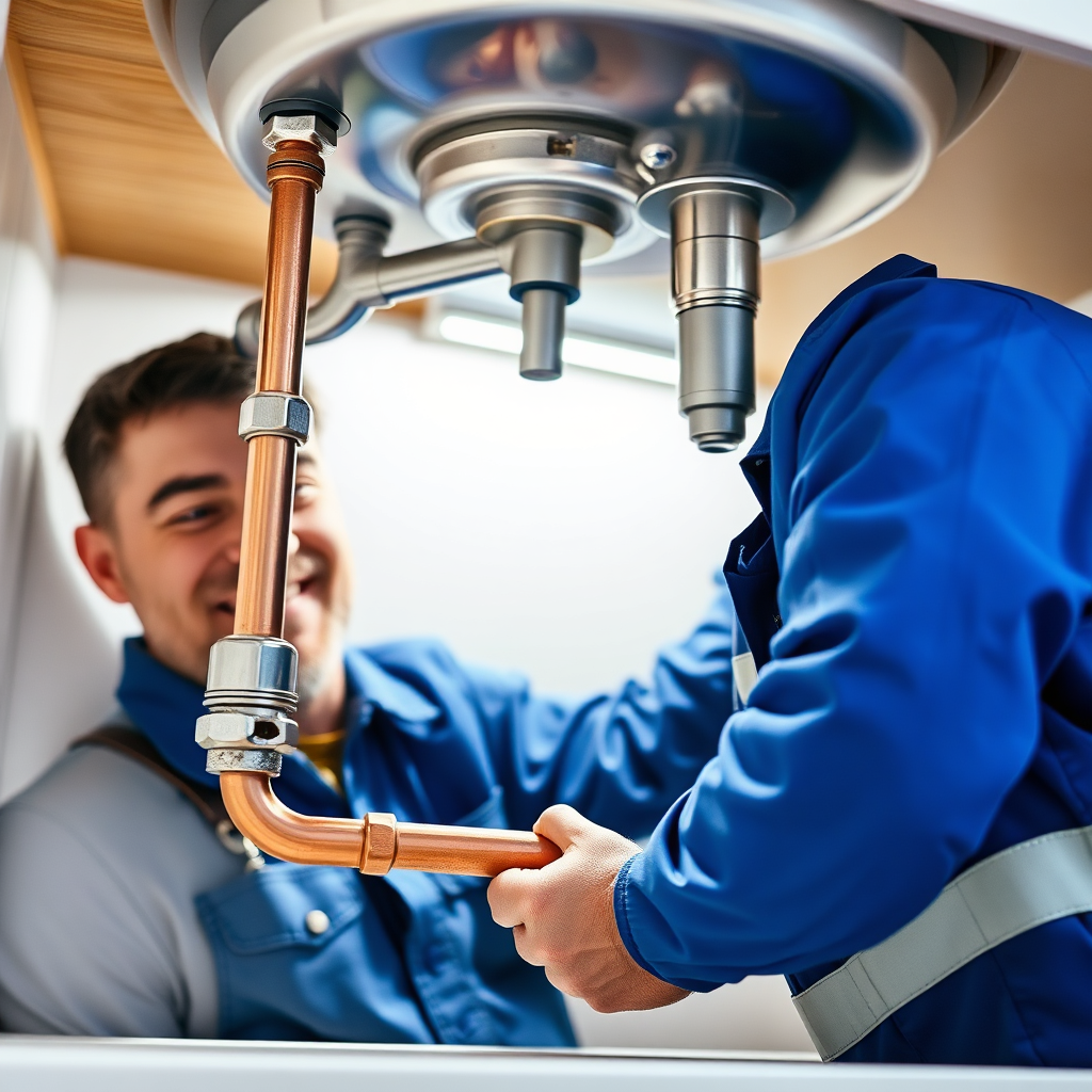 Professional plumber fixing a pipe under a sink