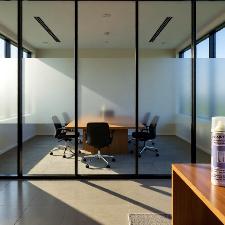 A split-screen image. One side shows a person struggling to install window film with bubbles and creases. The other side shows a person easily spraying the glass frosting spray onto a window, achieving a smooth and even finish. The lighting is bright and clear. The color palette is vibrant and contrasting. The style is stylized realism, emphasizing the ease of use of the spray. 4K resolution.