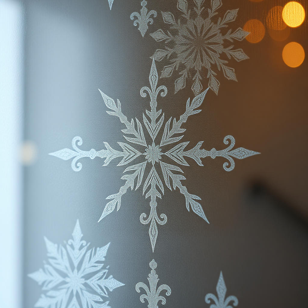 A close-up of a frosted glass window with intricate decorative patterns created using stencils and the glass frosting spray. The lighting is soft and diffused, highlighting the delicate details. The style is photorealistic. 4K resolution.