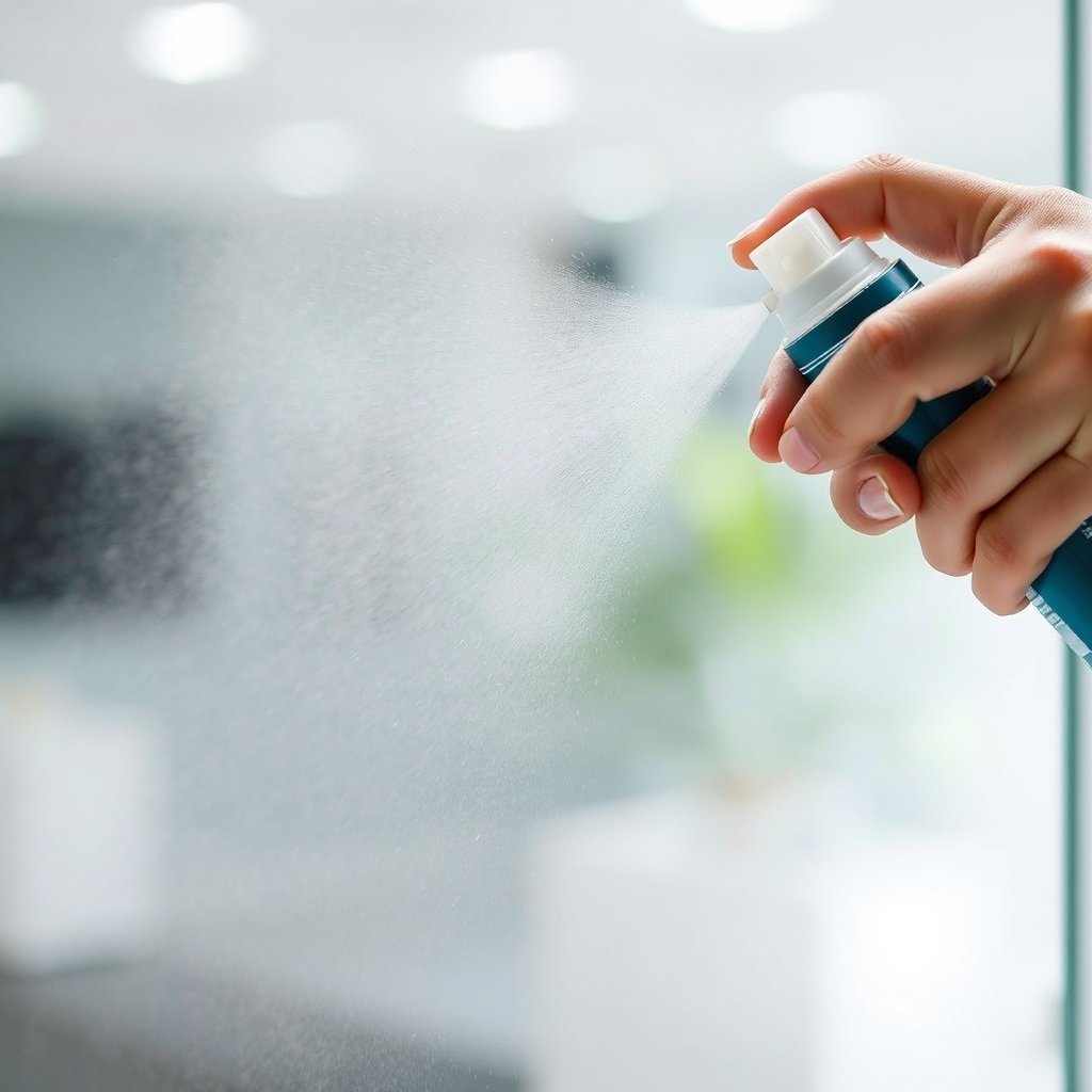 A close-up shot of a hand spraying the glass frosting spray onto a clear glass surface. The spray is visibly transforming the clear glass into frosted glass in real-time. The background is blurred to emphasize the transformation. The lighting is bright and even, highlighting the spray action. The color palette is clean and modern. The style is photorealistic, capturing the immediate effect of the spray. 4K resolution.