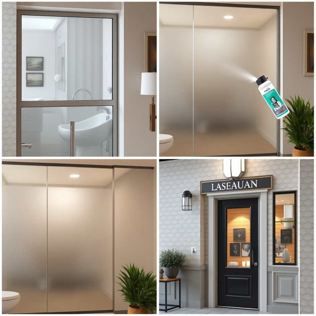 A montage of different settings where the glass frosting spray is used: a home bathroom window, an office partition, and a restaurant entrance. Each setting demonstrates a different application of the product. The style is photorealistic. 4K resolution.