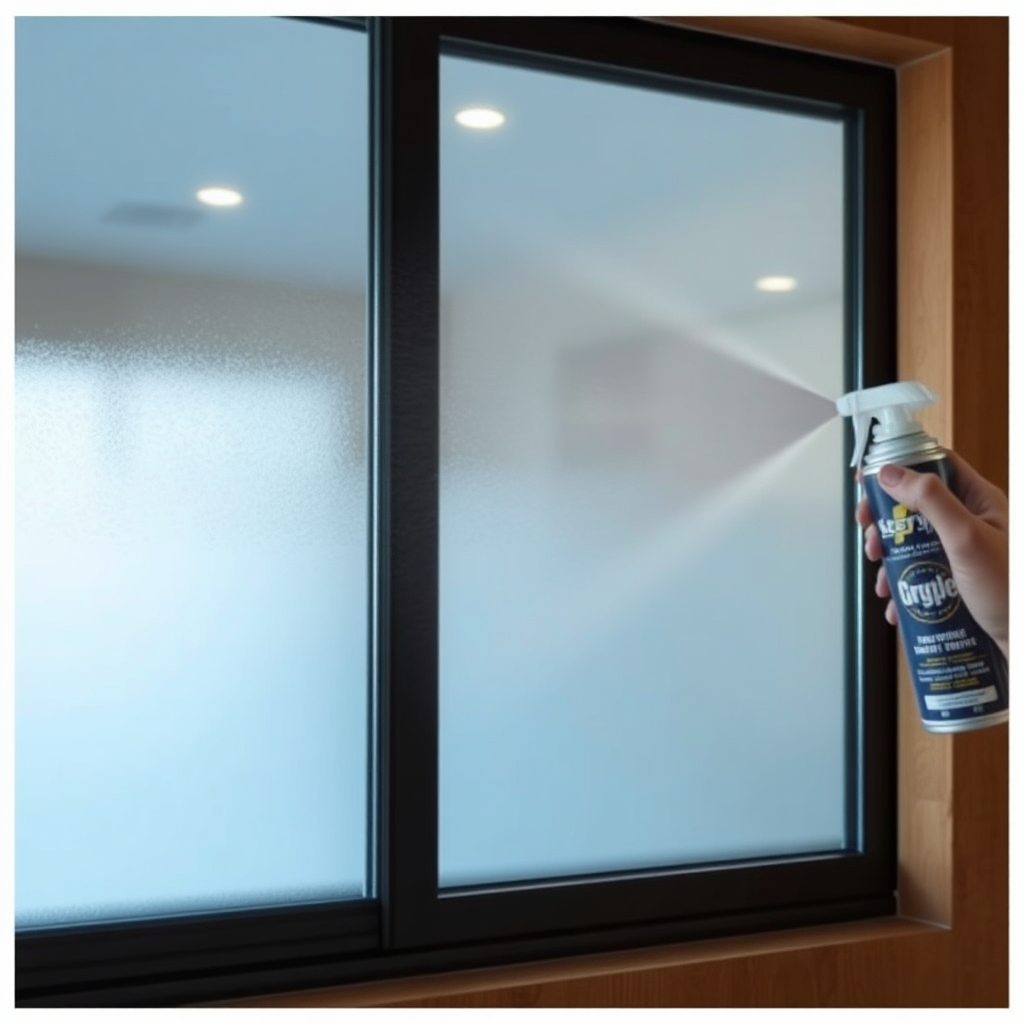 A time-lapse image showing the process of spraying the glass frosting spray onto a window and the glass gradually transforming from clear to frosted. The timeline is compressed to emphasize the speed of the transformation. The style is photorealistic. 4K resolution.
