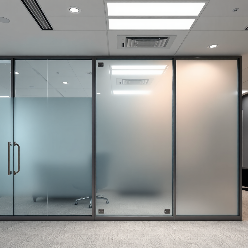 A wide shot of a modern office space with frosted glass partitions created using the spray. The lighting is soft and diffused, creating a professional and elegant atmosphere. The color palette is neutral and sophisticated. The camera angle is eye-level, showcasing the entire space. The style is photorealistic, highlighting the aesthetic appeal of the frosted glass. 4K resolution.