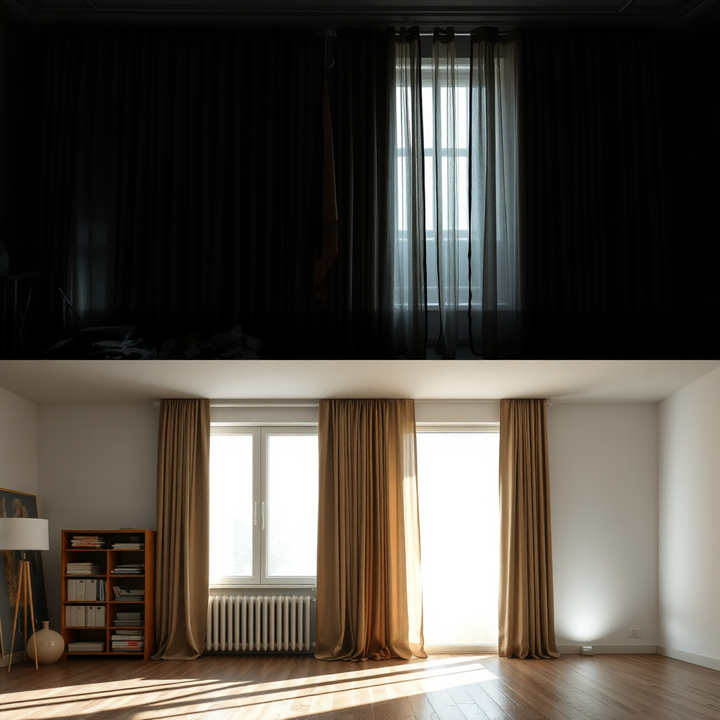 An image contrasting a room with heavy, outdated curtains and a room with elegantly frosted glass windows. The curtained room is dark and cluttered, while the frosted glass room is bright and airy, showcasing a modern and minimalist aesthetic. The lighting is dramatic, emphasizing the difference. The style is stylized realism. 4K resolution.