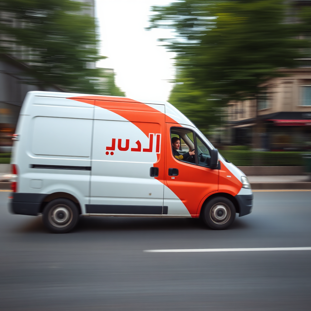An image of a delivery van with the "متجر ستارز توب" logo speeding down a street. The background is blurred to emphasize the speed. The style is photorealistic.