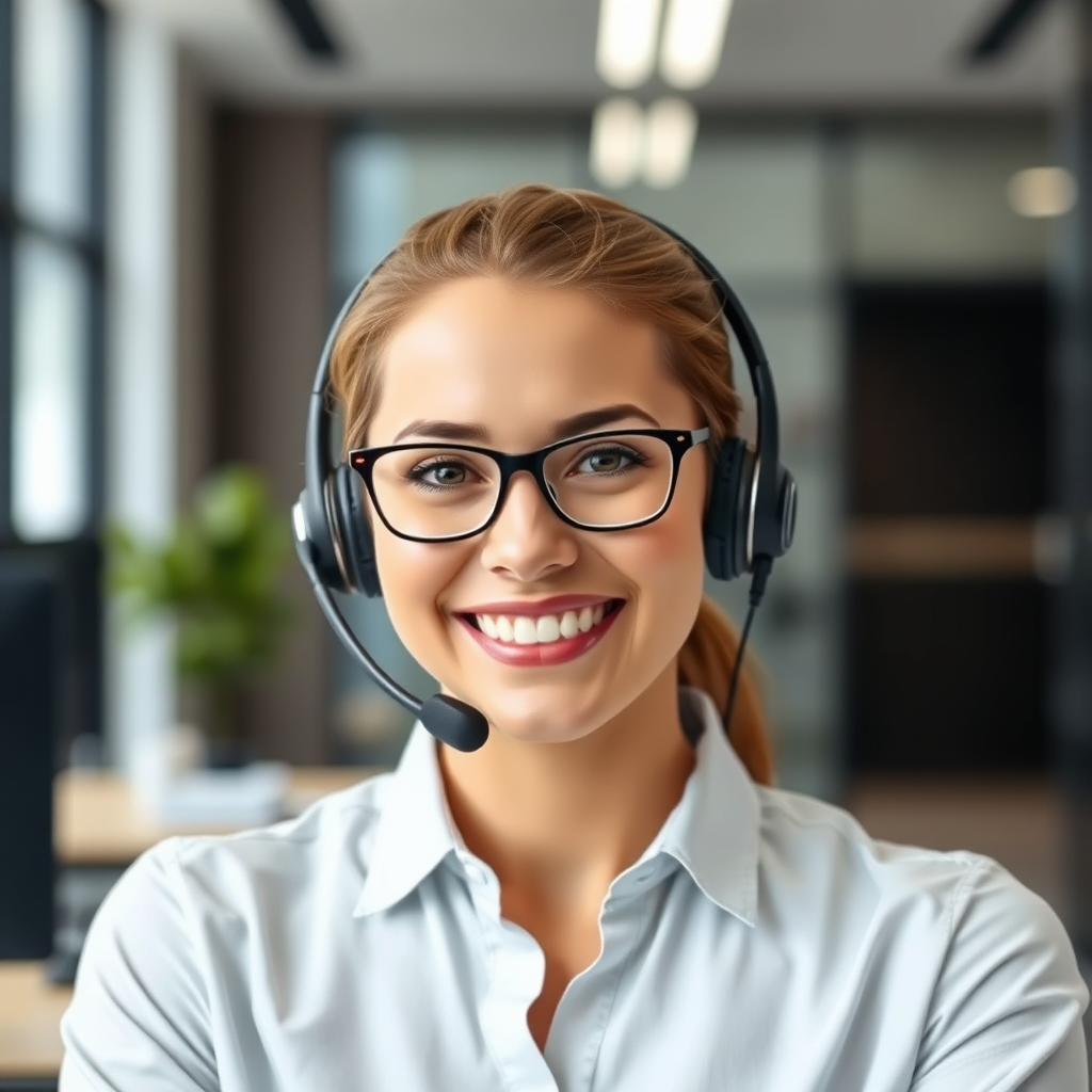 An image of a friendly customer support representative wearing a headset and smiling. The background is a modern office setting. The style is photorealistic.