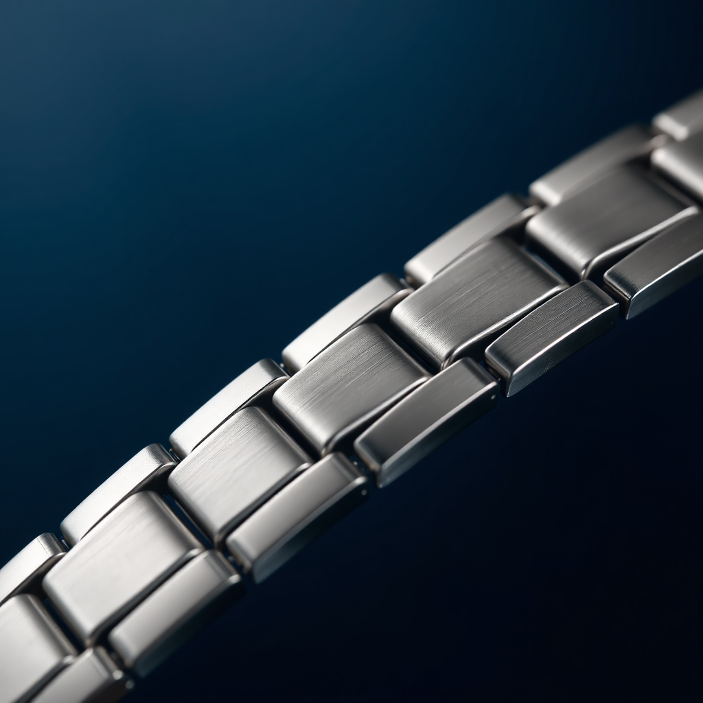 لقطة مقربة لسوار ساعة معدن فضي ناعم الملمس بخامة ستانلس ستيل مقاومة للصدأ