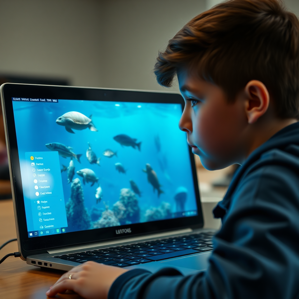 Underwater scene with marine life and data cards illustrating AI classifying ocean objects