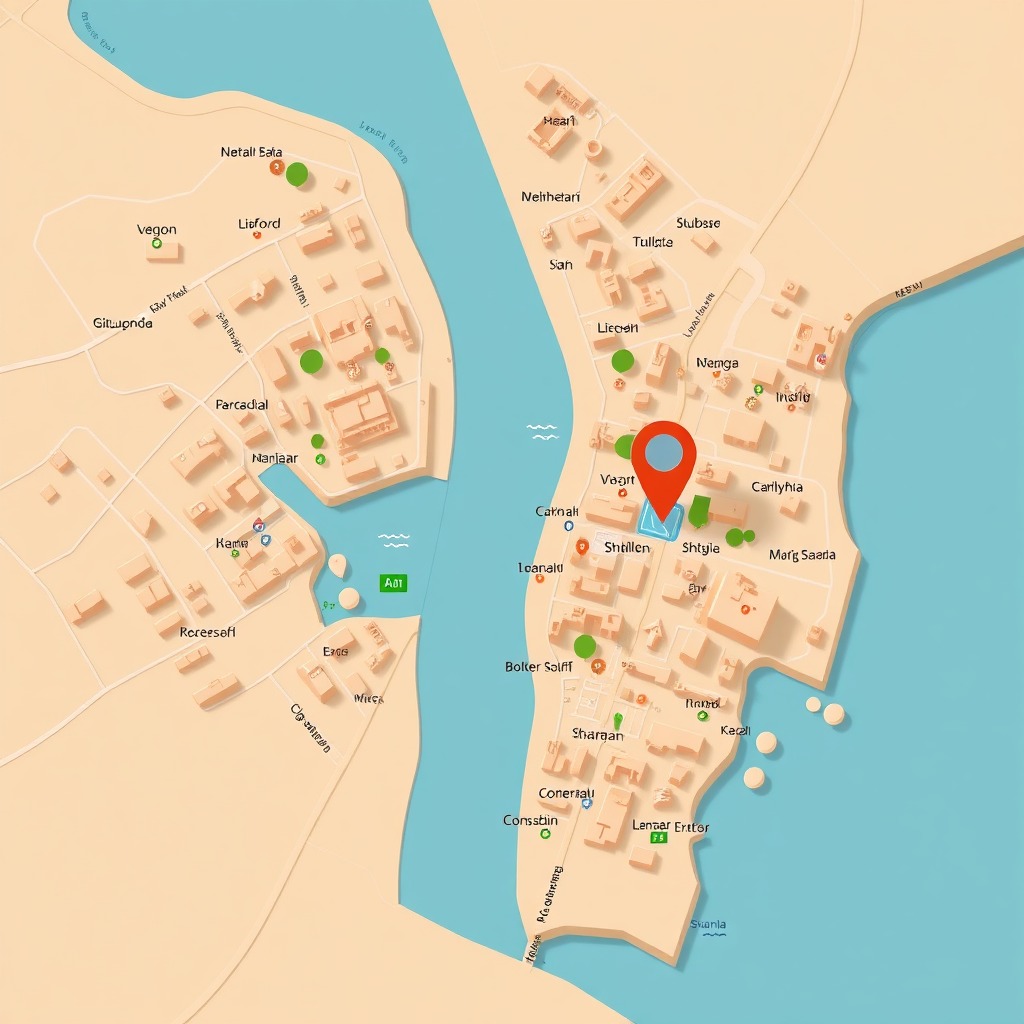 Create a visually striking map of Jeddah highlighting the location of "منصة جدة العقارية" with a prominent marker. Landmarks and key areas should be clearly labeled. Use a warm color palette to create an inviting atmosphere. Aerial perspective emphasizing accessibility. Style: Clean, modern map design with a professional aesthetic. Technical specs: High-resolution, detailed rendering with accurate geographic data.