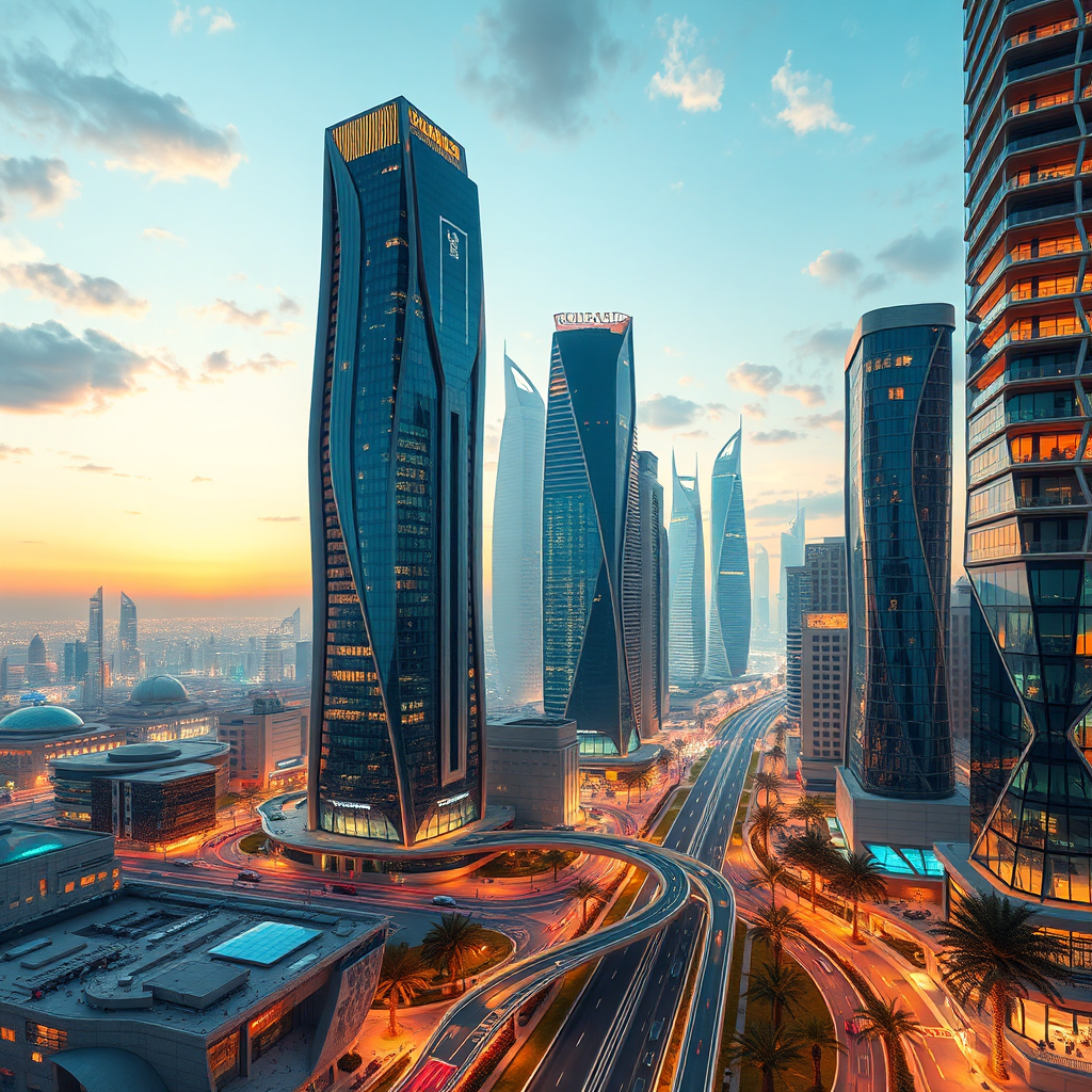 Depict a futuristic cityscape showcasing potential real estate developments in Jeddah. The scene is visionary and innovative, featuring advanced architectural designs and sustainable infrastructure. Use vibrant lighting to create excitement and anticipation. Style: Futuristic architectural rendering emphasizing innovation and progress. Technical specs: High-resolution, visually dynamic rendering.