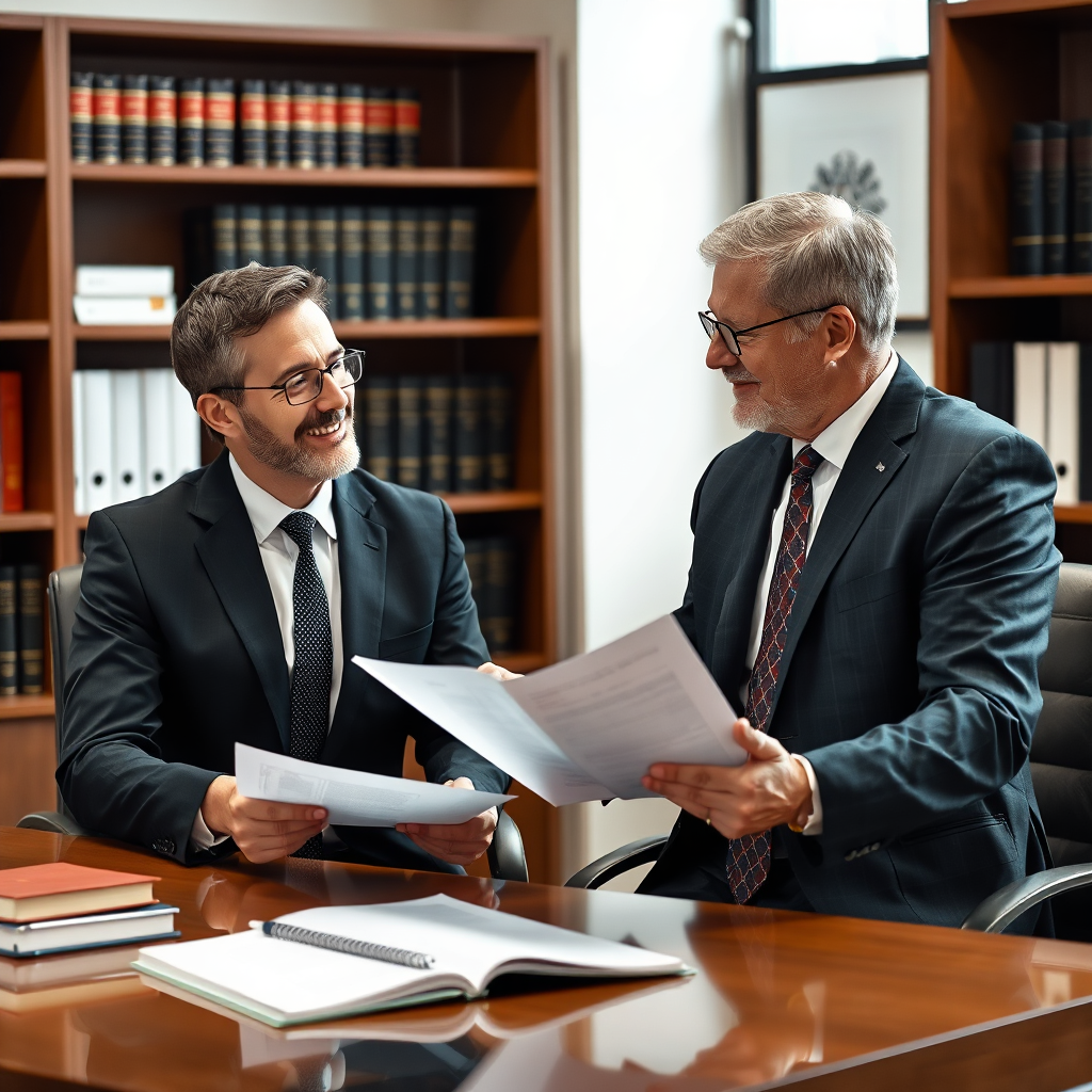 Depict a lawyer advising a client on real estate law in a professional office setting. The lawyer should be presenting legal documents and explaining complex legal concepts in a clear and concise manner. The client should appear confident and reassured by the lawyer's expertise. The background should feature legal books and a well-organized office space. Style: Professional lifestyle photography with a focus on trust and legal expertise. Technical specs: High-resolution rendering with natural lighting effects.