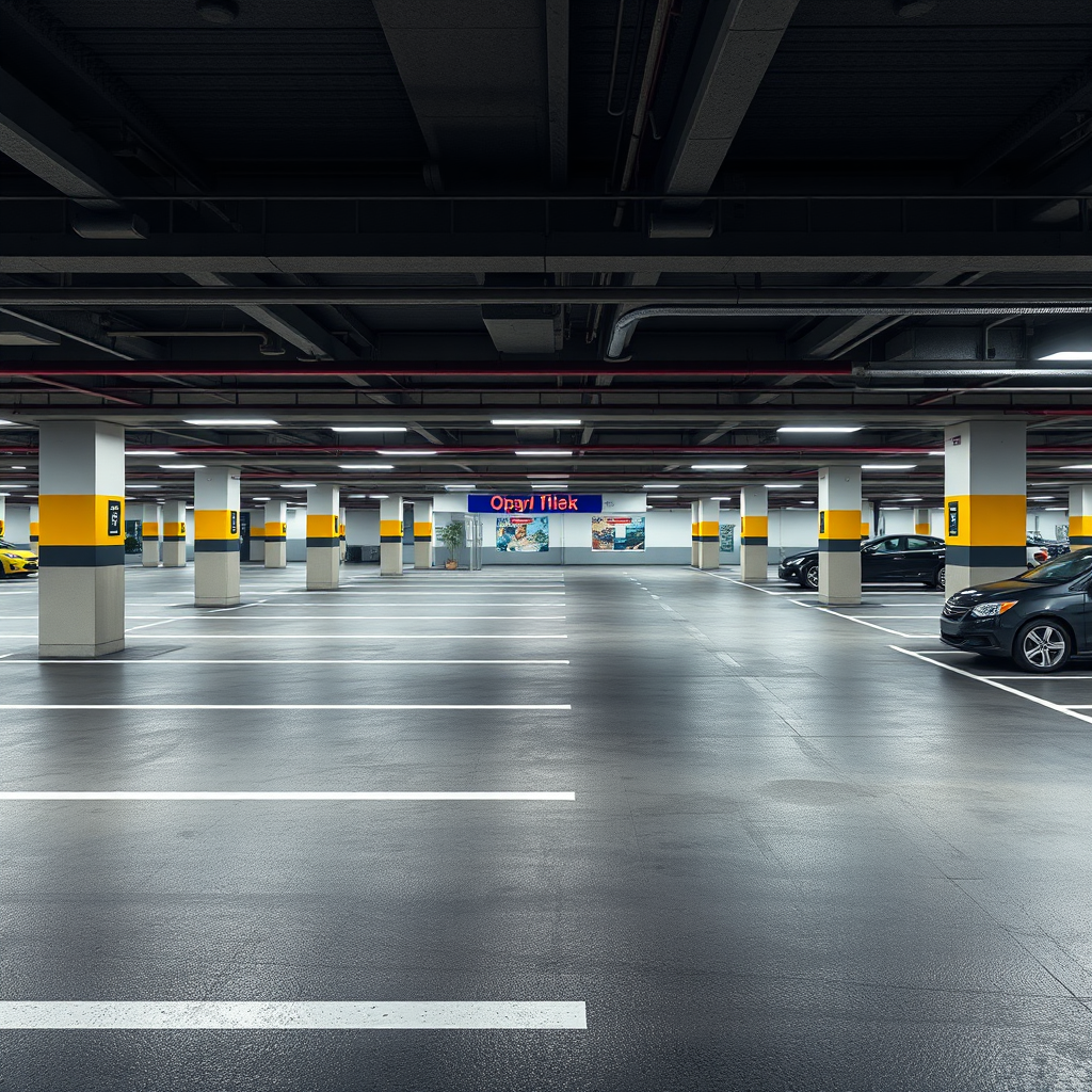 Depict a modern parking facility with clearly marked and easily accessible parking spots near the location of "منصة جدة العقارية". The area is well-lit and secure. Convey a sense of convenience and hassle-free arrival. Style: Architectural photography with an emphasis on functionality and accessibility. Technical specs: High-resolution, detailed rendering of parking facilities.