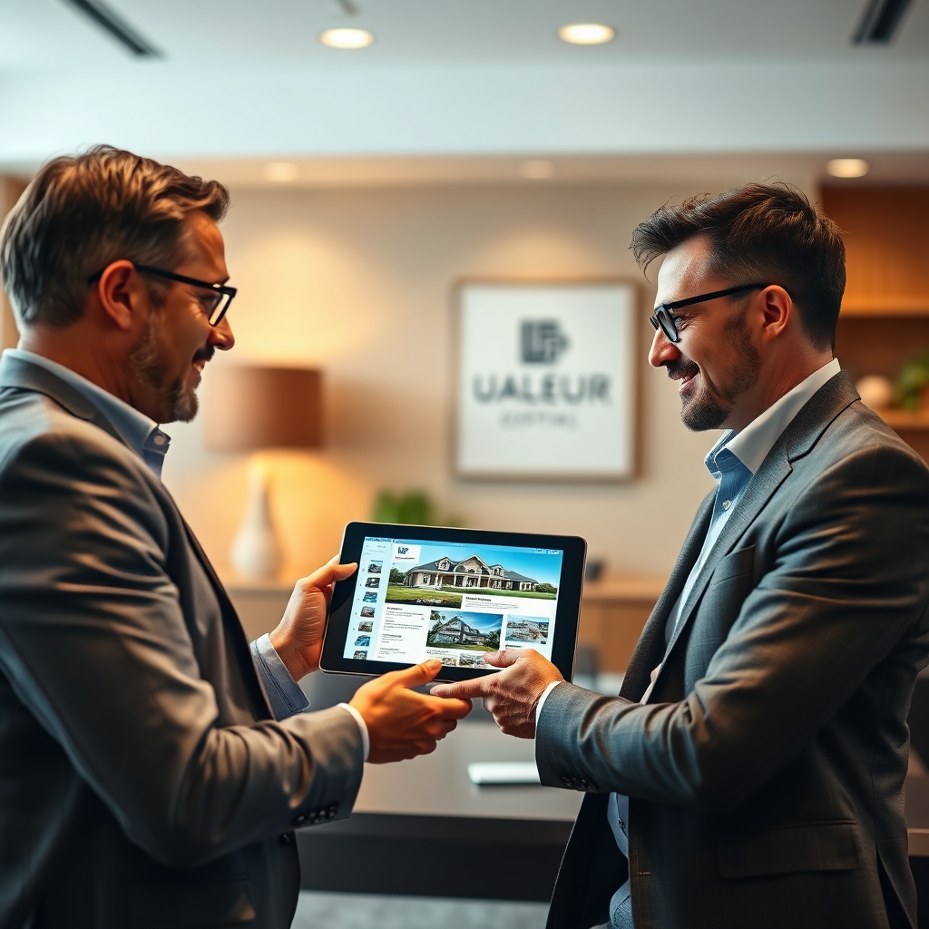 Depict a professional real estate consultant advising a client in a modern office setting. The consultant should be presenting a customized real estate portfolio on a digital tablet. The client should be engaged and attentive, showing a sense of trust and confidence. The background should feature a tastefully decorated office with subtle branding elements. The lighting should be warm and inviting, creating a comfortable and professional atmosphere. Style: Professional lifestyle photography with a focus on trust and expertise. Technical specs: High-resolution rendering with natural lighting effects.