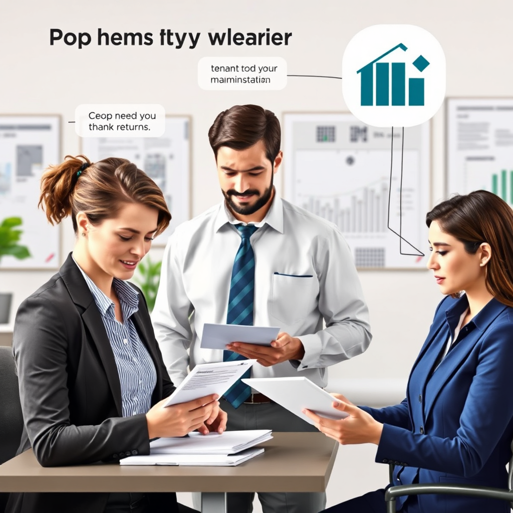 Depict a property management team efficiently handling various tasks, such as tenant communication, maintenance requests, and financial reporting. The scene conveys organization and reliability. Emphasis on smooth operations and maximized returns. Style: Business operations photography. Technical specs: High-resolution, professional rendering with detailed environments.