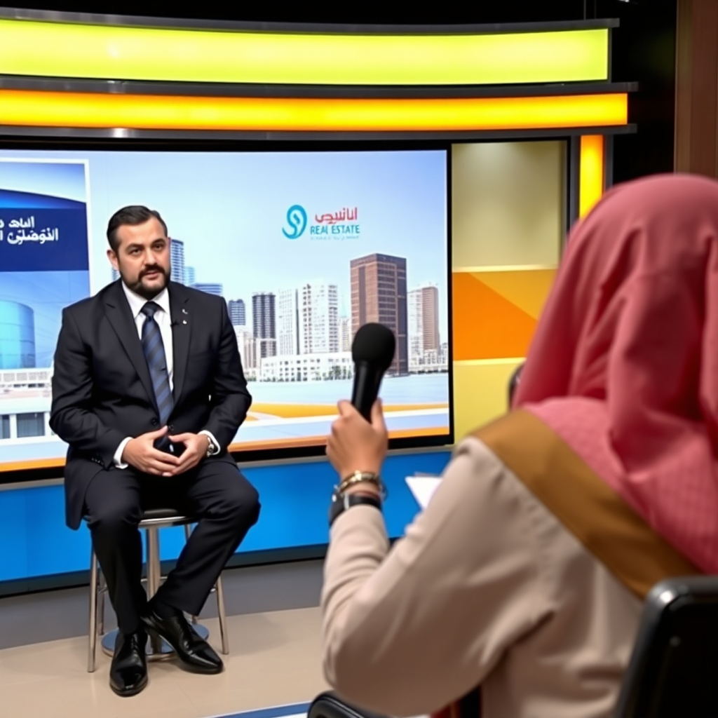 Depict a real estate expert being interviewed on a television show about the Jeddah real estate market. The expert should be articulate and knowledgeable, providing insights and analysis on market trends. The background should feature a professional television studio with branding elements. The overall feeling should be of expertise, credibility, and market insight. Style: Professional broadcast media photography with a focus on authority and information. Technical specs: High-resolution rendering with natural lighting effects.