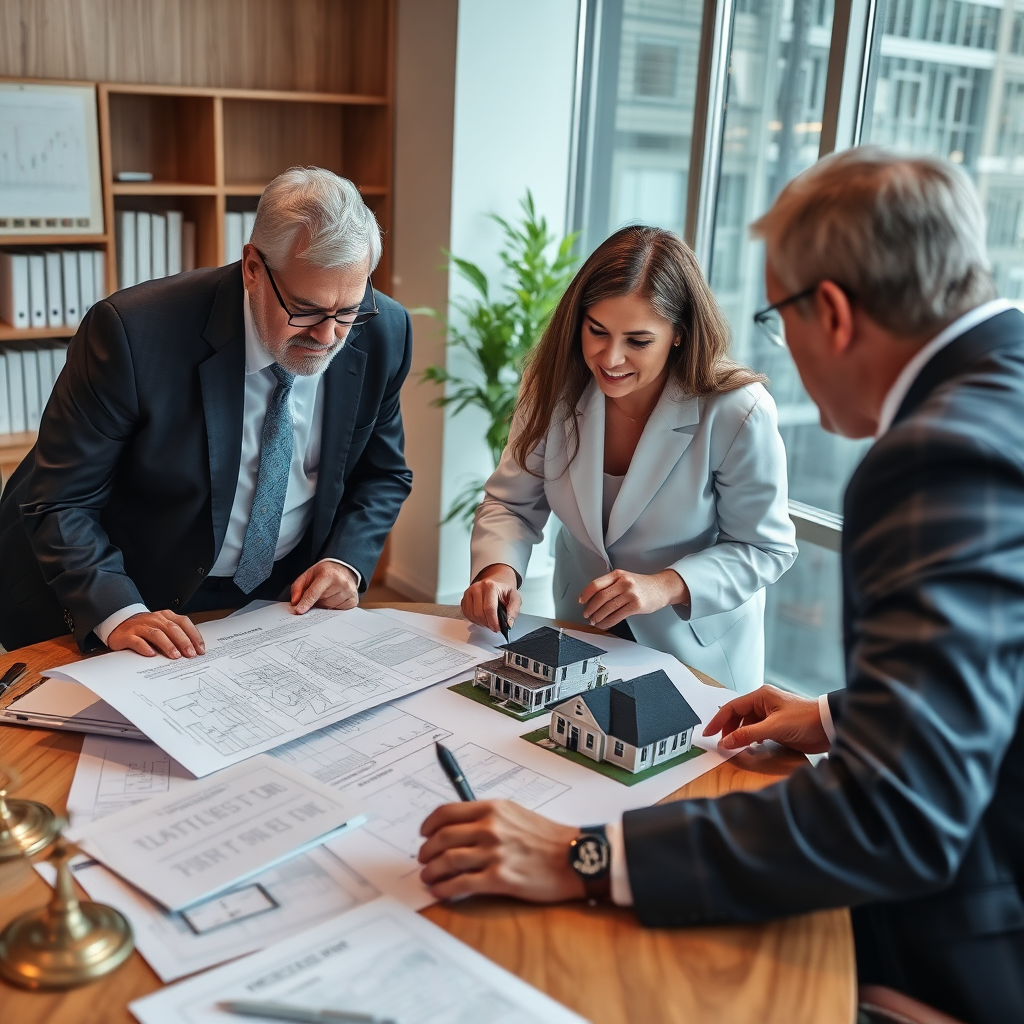 Depict a team of legal experts and consultants collaborating to solve a real estate dispute. The scene should feature legal documents, blueprints, and digital models of properties. The overall feeling should be of collaboration, expertise, and problem-solving. Style: Professional lifestyle photography with a focus on teamwork and legal expertise. Technical specs: High-resolution rendering with natural lighting effects.
