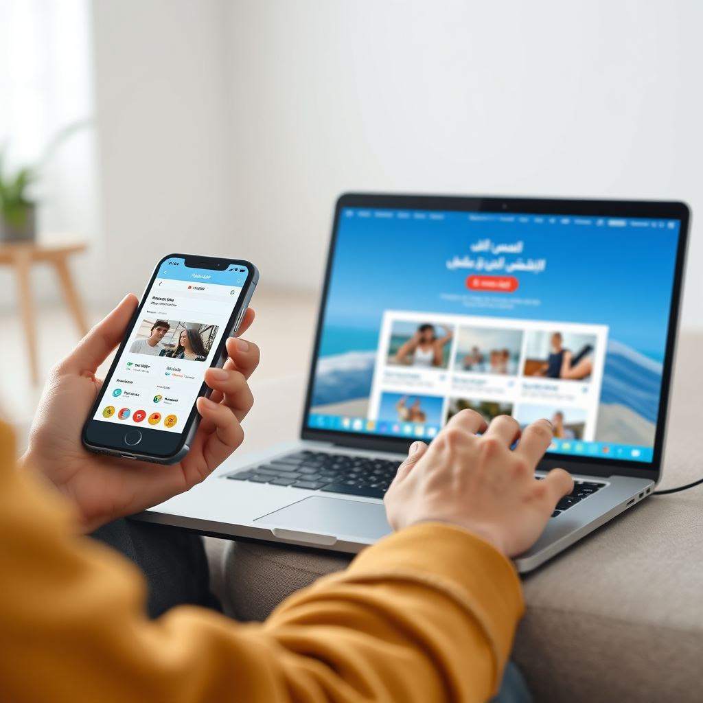 Depict a user seamlessly navigating the "منصة جدة العقارية" app on a smartphone while also accessing the website on a laptop. The interfaces should be clean and intuitive. The setting is a modern, comfortable environment. Emphasize user-friendliness and accessibility across multiple devices. Style: Clean, modern UI/UX design with lifestyle integration. Technical specs: High-resolution, dynamic screen rendering.