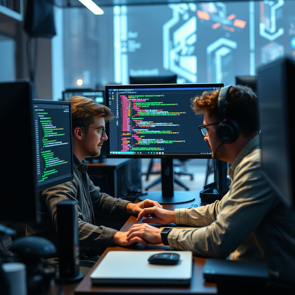 Depict developers working diligently on updating the platform's code and features. Monitors display lines of code and UI design elements. The atmosphere is collaborative and focused. Use lighting to emphasize the constant evolution and improvement. Style: Tech culture photography with a focus on innovation and progress. Technical specs: High-resolution, dynamic rendering with detailed environments.