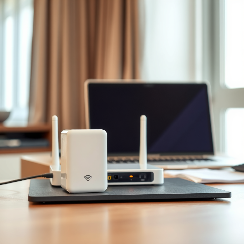 لقطة توضيحية لمقوي واي فاي على مكتب
