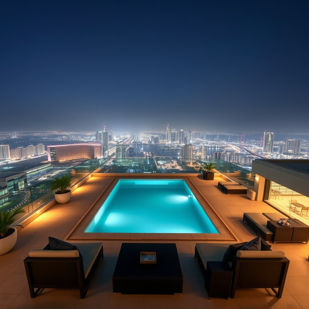 Upscale rooftop terrace with city view