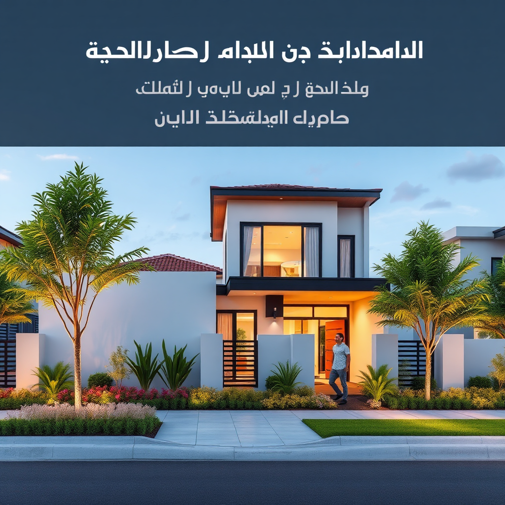 Show a beautifully landscaped residential or commercial property recently completed by "منصة جدة العقارية". Happy residents or tenants are enjoying the space. Emphasize the quality and design of the finished project. Style: Architectural photography showcasing completed projects. Technical specs: High-resolution, professional rendering with inviting atmosphere.
