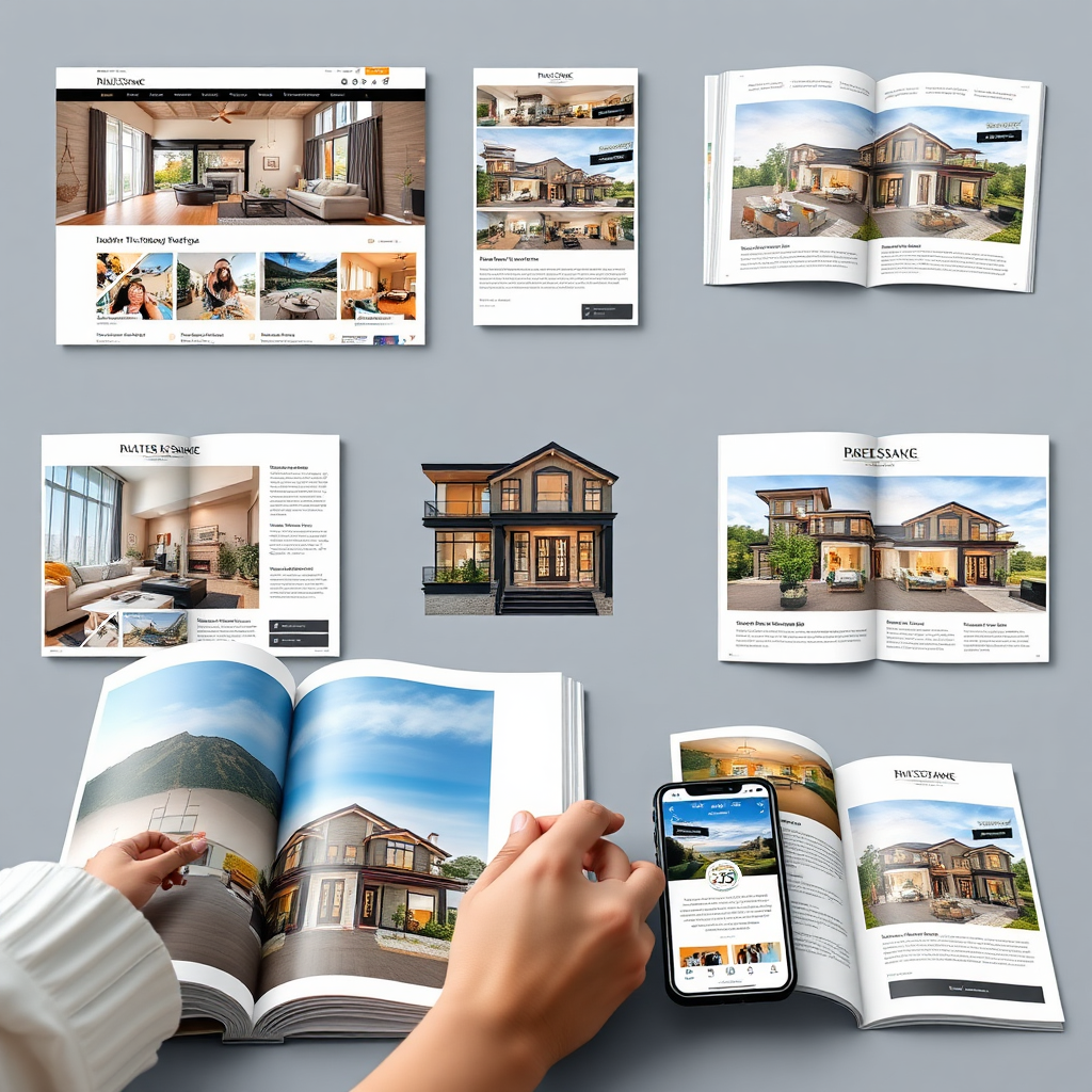 Show a beautifully staged property being showcased in various marketing materials (website, brochure, social media ad). Emphasis on visual appeal and effective marketing strategies. The scene conveys a sense of luxury and desirability. Style: High-end real estate marketing visuals. Technical specs: High-resolution, professional rendering with inviting atmosphere.