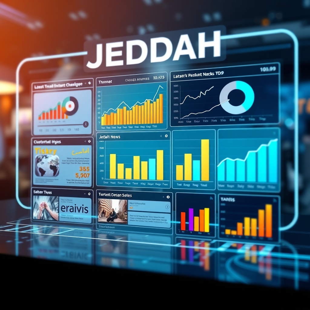Show a data visualization displaying the latest trends and analysis of the Jeddah real estate market. Charts, graphs, and news articles are displayed. The scene conveys market intelligence and informed decision-making. Style: Abstract data visualization with a modern, tech-forward aesthetic. Technical specs: High-resolution, visually dynamic rendering.